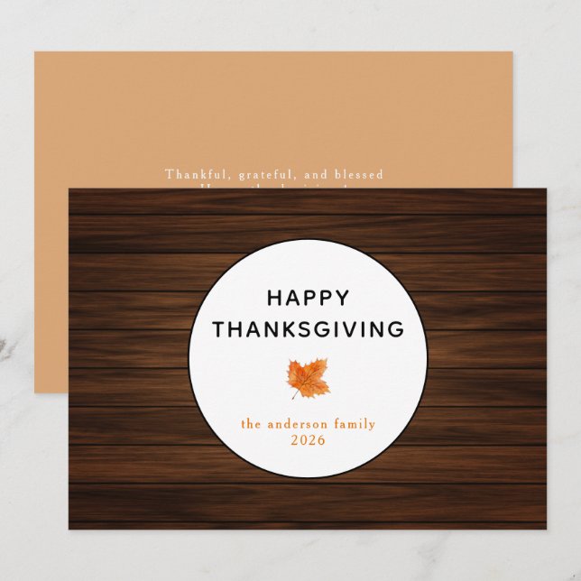 Rustic Wood Autumn Leaf Happy Thanksgiving  Holiday Card (Front/Back)
