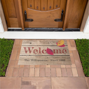 Rustic Wood Autumn Leaves Custom Name Welcome  Doormat