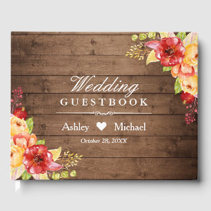 Rustic Wood Autumn Leaves Floral Wedding Guest Book