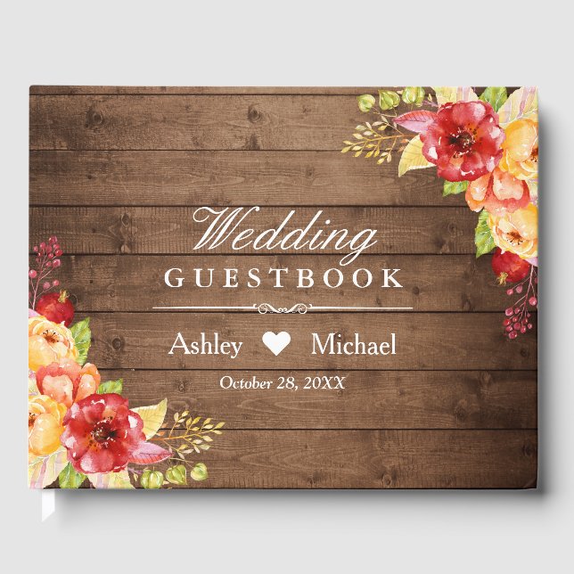 Rustic Wood Autumn Leaves Floral Wedding Guest Book (Front)