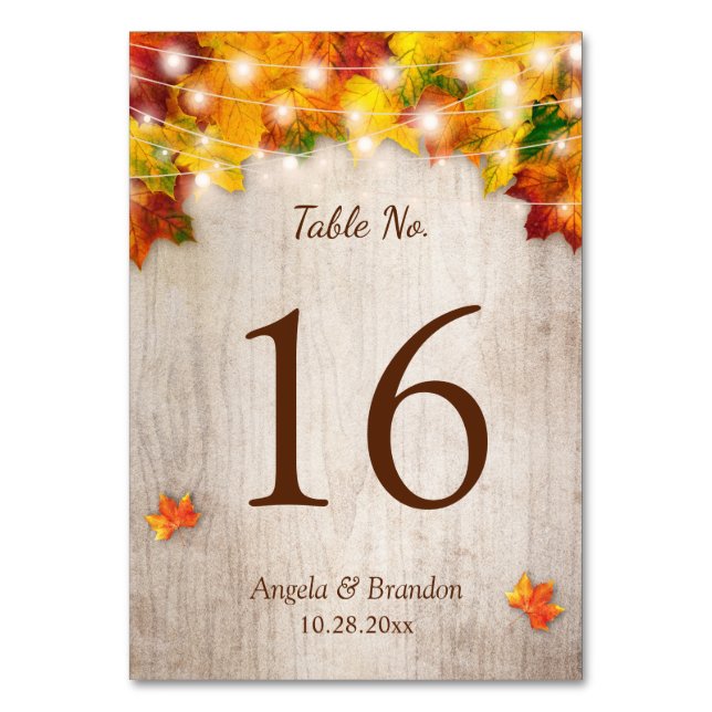 Rustic Wood Autumn Leaves Wedding Table Number (Front)