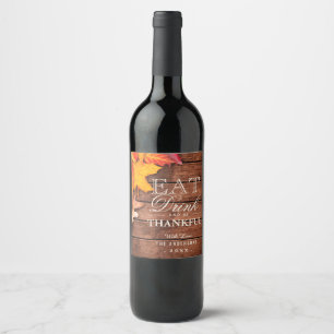 Rustic Wood Autumn Maple Leaves Thanksgiving Wine Label