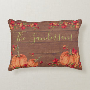 Rustic Wood Autumn Orange Pumpkins Fall Leaves  Ac Decorative Cushion