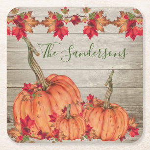 Rustic Wood Autumn Orange Pumpkins Fall Leaves Be Square Paper Coaster
