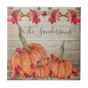 Rustic Wood Autumn Orange Pumpkins Fall Leaves Ceramic Tile