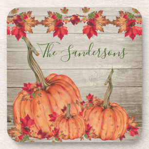 Rustic Wood Autumn Orange Pumpkins Fall Leaves Coaster