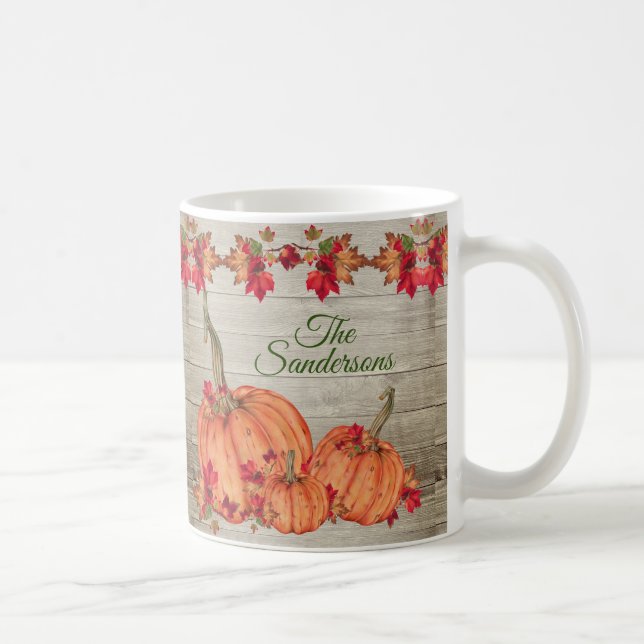 Rustic Wood Autumn Orange Pumpkins Fall Leaves  Coffee Mug (Right)