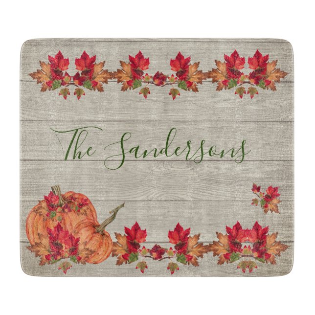 Rustic Wood Autumn Orange Pumpkins Fall Leaves Cutting Board (Front)