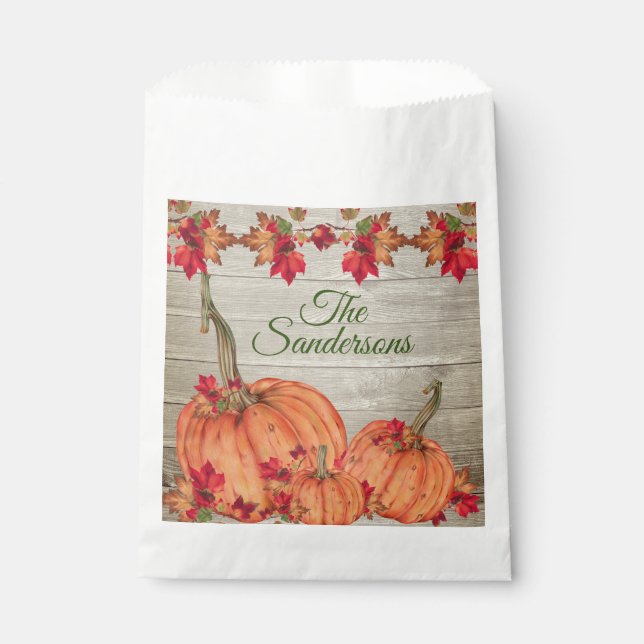 Rustic Wood Autumn Orange Pumpkins Fall Leaves   Favour Bag (Front)