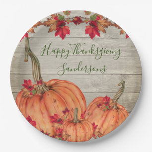 Rustic Wood Autumn Orange Pumpkins Fall Leaves Pap Paper Plate
