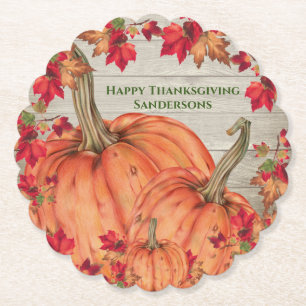Rustic Wood Autumn Orange Pumpkins Fall Leaves Paper Coaster