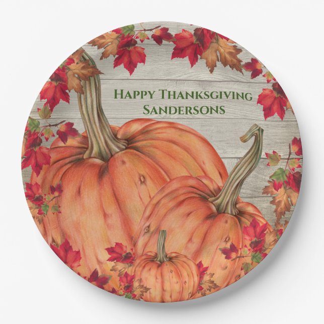 Rustic Wood Autumn Orange Pumpkins Fall Leaves  Paper Plate (Front)