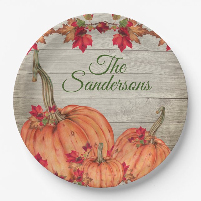 Rustic Wood Autumn Orange Pumpkins Fall Leaves  Paper Plate (Front)