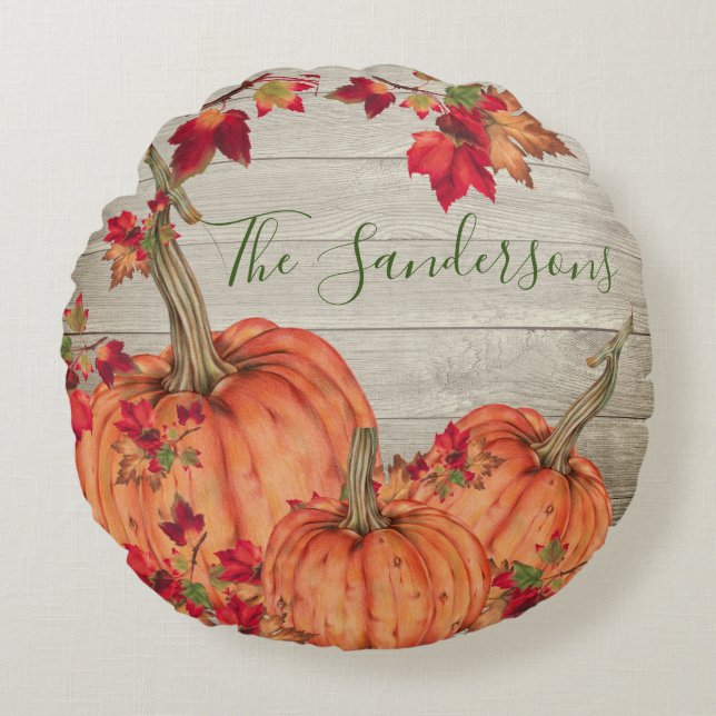 Rustic Wood Autumn Orange Pumpkins Fall Leaves    Round Cushion (Front)