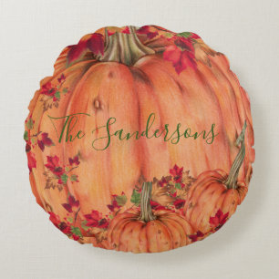 Rustic Wood Autumn Orange Pumpkins Fall Leaves Round Cushion