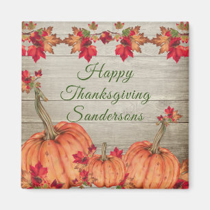 Rustic Wood Autumn Orange Pumpkins Fall Leaves  Sq Magnet