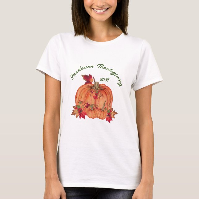 Rustic Wood Autumn Orange Pumpkins Fall Leaves     T-Shirt (Front)