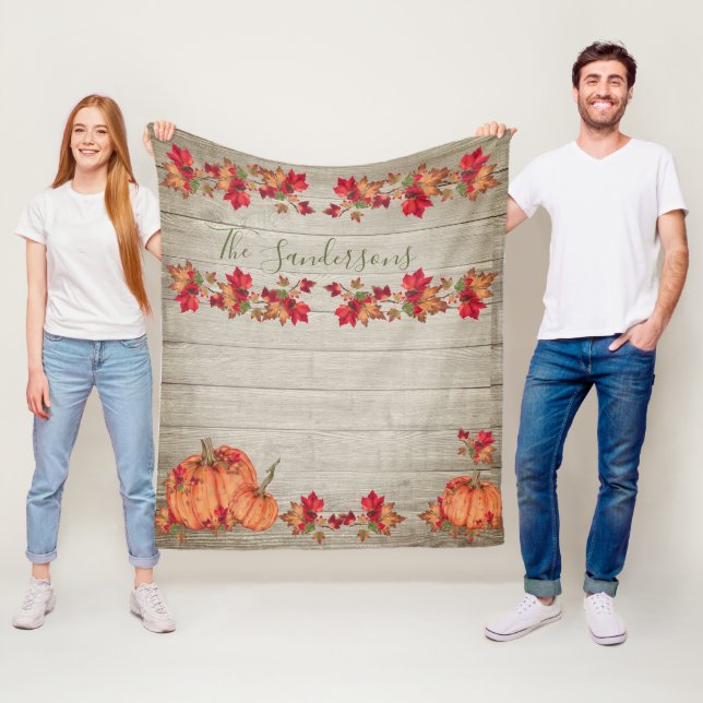 Rustic Wood Autumn Orange Pumpkins Fall Leaves Thr Fleece Blanket (In Situ)