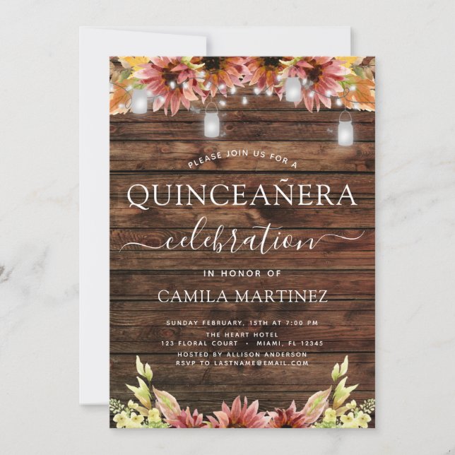 Rustic Wood Autumn Sunflowers Quinceanera Invitation (Front)