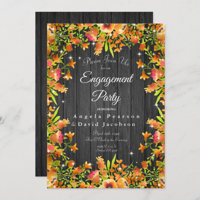 Rustic Wood Autumn Watercolor Flowers Sparkles  Invitation (Front/Back)