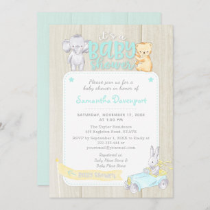 Rustic Wood Baby Animals Shower Invitation   Mint