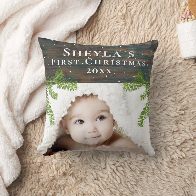 Rustic Wood Baby`s First Christmas Photo Cushion (Blanket)