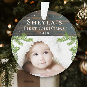 Rustic Wood Baby`s First Christmas Photo Ornament