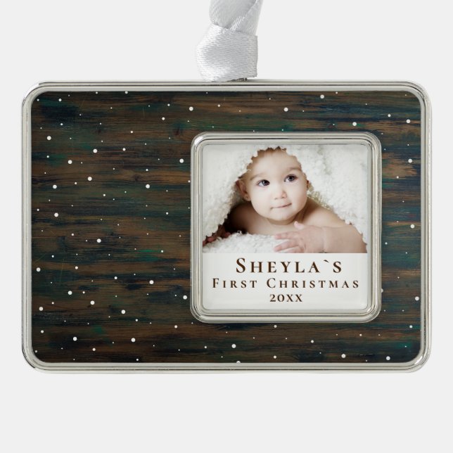 Rustic Wood Baby`s First Christmas Photo Silver Plated Framed Ornament (Front)
