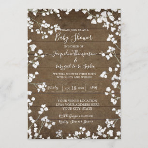 Rustic Wood Babys Breath Floral Baby Girl Shower Invitation