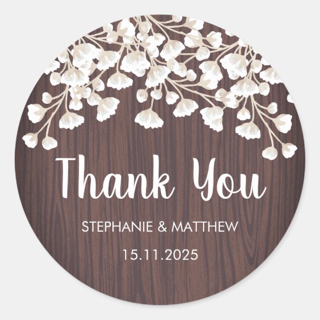 Rustic Wood Babys Breath Floral Thank You Wedding Classic Round Sticker (Front)