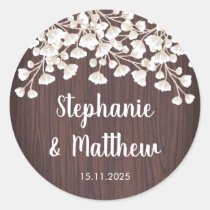 Rustic Wood Babys Breath Gypsophila Wedding Classic Round Sticker