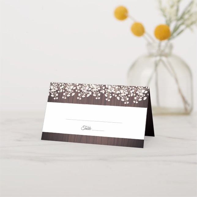 Rustic Wood Babys Breath Gypsophila Wedding Place Card (Front)