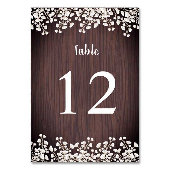 Rustic Wood Babys Breath Gypsophila Wedding Table Number (Front)