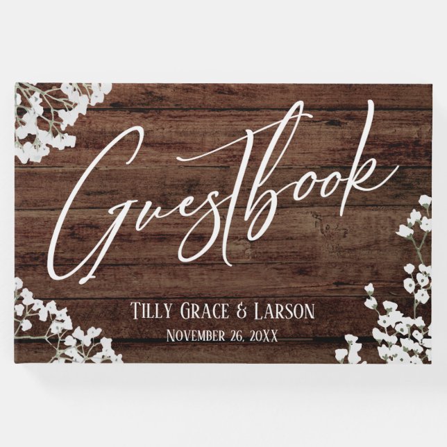 Rustic Wood Baby's Breath Handwriting Guestbook (Front)