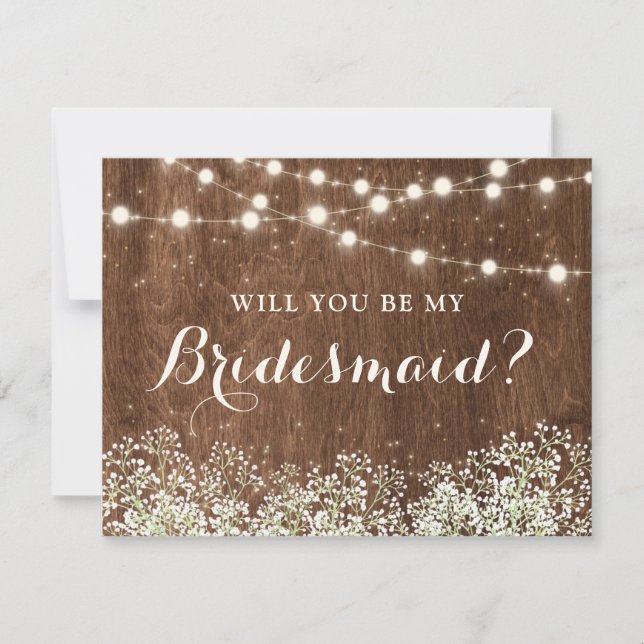 Rustic Wood Baby's Breath String Lights Bridesmaid Invitation (Front)