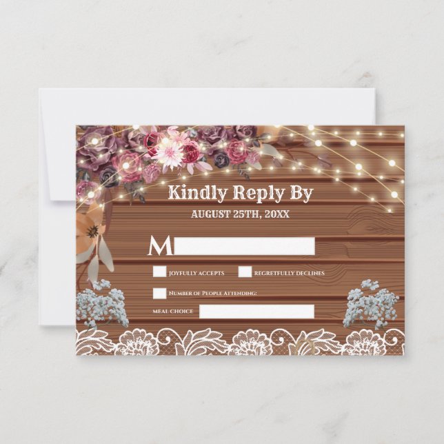 Rustic Wood Baby's Breath String Lights Lace RSVP Card (Front)