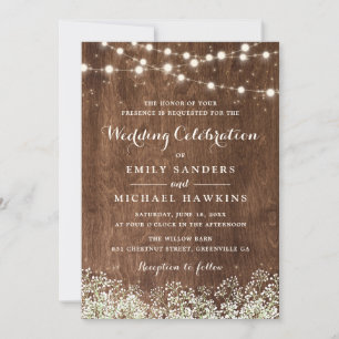 Rustic Wood Baby's Breath String Lights Wedding Invitation