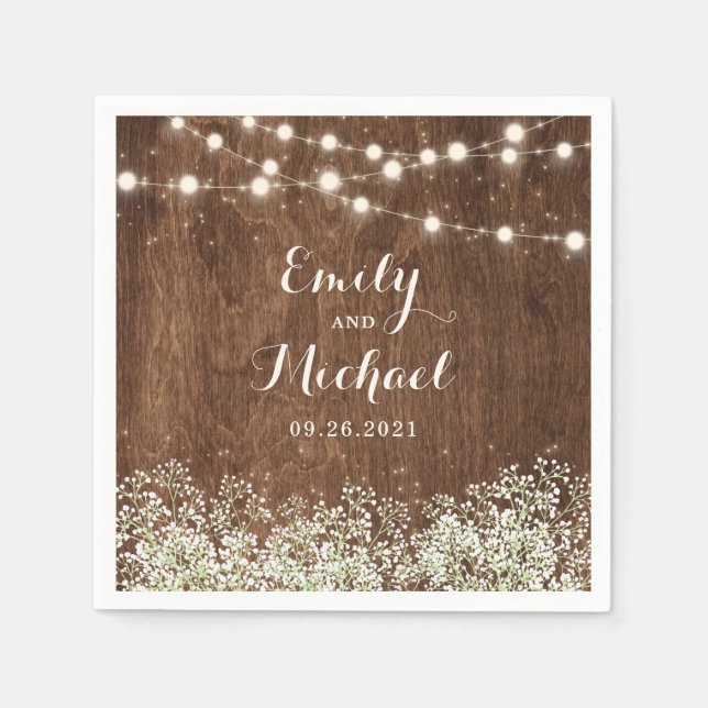 Rustic Wood Baby's Breath String Lights Wedding Napkin (Front)