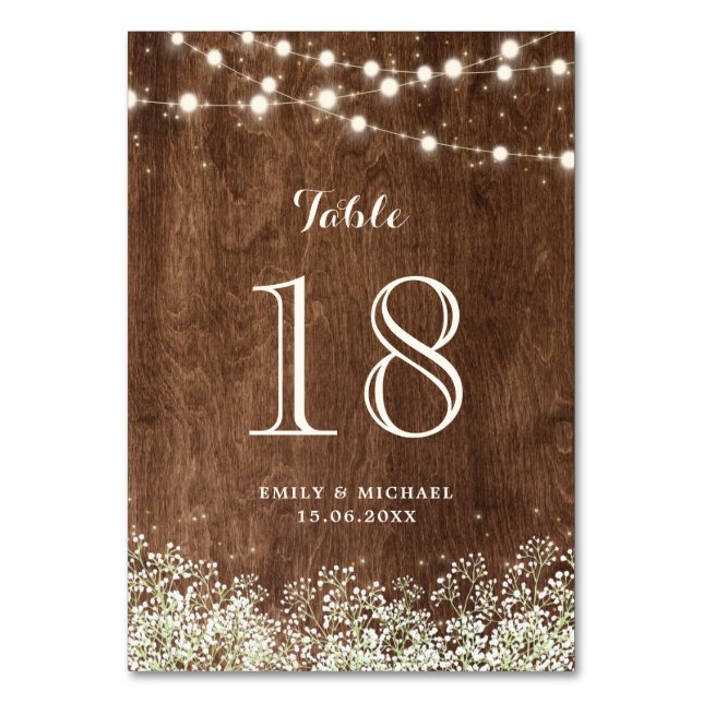 Rustic Wood Baby's Breath String Lights Wedding Table Number (Front)