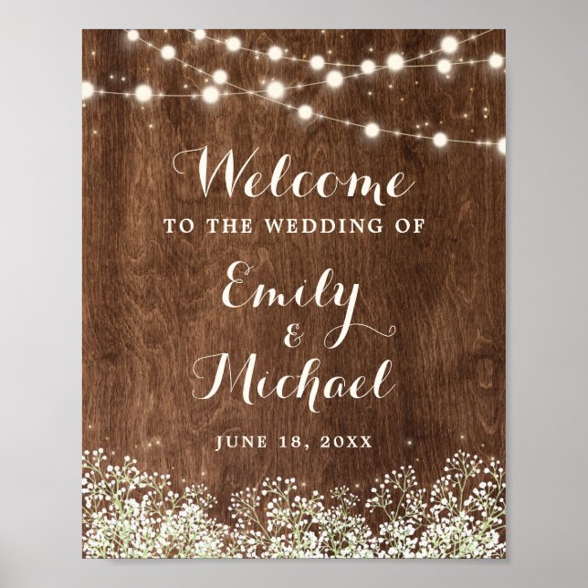Rustic Wood Baby's Breath Wedding Welcome Sign (Front)