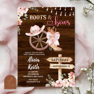 rustic wood background floral boots and bows invitation