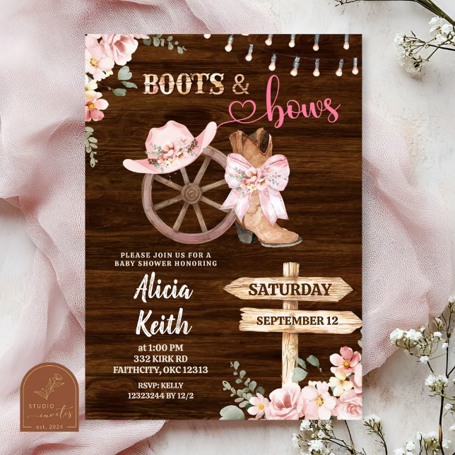 rustic wood background floral boots and bows invitation (Creator Uploaded)