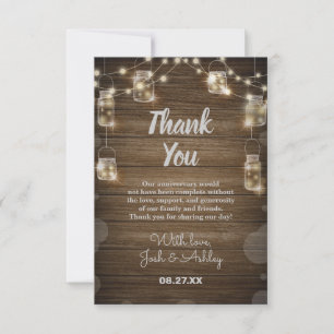 Rustic Wood Background Light Glass Jar Anniversary Thank You Card
