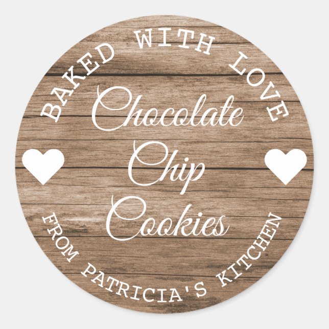 Rustic Wood Baked With Love Cookies Classic Round Sticker (Front)