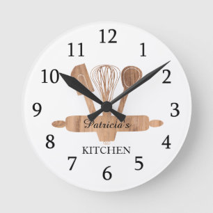 Rustic Wood Baking Utensils Custom Name Kitchen Round Clock