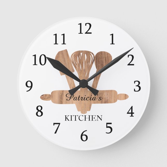 Rustic Wood Baking Utensils Custom Name Kitchen Round Clock (Front)
