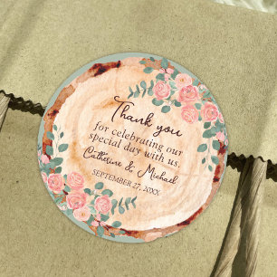 Rustic Wood Bark Rings Watercolor Pink Roses Green Classic Round Sticker