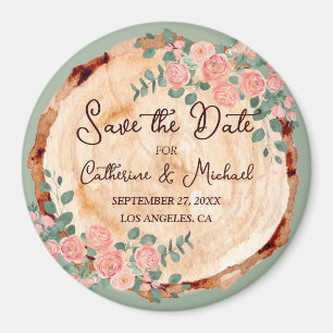Rustic Wood Bark Rings Watercolor Pink Roses Green Magnet