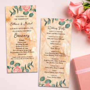 Rustic Wood Bark Rings Watercolor Pink Roses Green Program