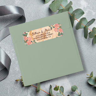 Rustic Wood Bark Rings Watercolor Pink Roses Green Return Address Label